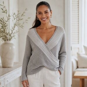 Soft Surroundings Sweater Grey Linen Blend Wrap Front Surplice Airy Womens L